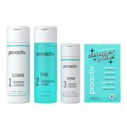 Proactiv kit frontal mostrando limpiador, tónico, tratamiento y parches para rutina completa