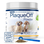 ProDen PlaqueOff front packaging showing product benefits and resealable lid