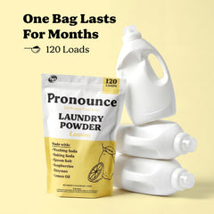 Pronounce powder in washer drum illustrating HE-safe low-suds performance