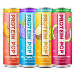PROTEIN POP vista frontal de lata que muestra diseño y proteína lista