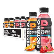 Protein2o front packaging showing 12-bottle variety pack and portability benefit