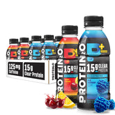 Protein2o front packaging showing flavors and clear protein benefits