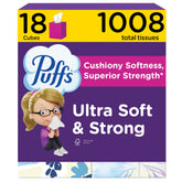 Puffs Ultra Soft front packaging showing 18 cube boxes and volume benefit
