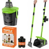 Pupzle front view showing full scooper and bin, advertises hands-free cleanup