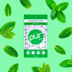 PUR Gum close-up of individual spearmint piece showing texture and chew appeal