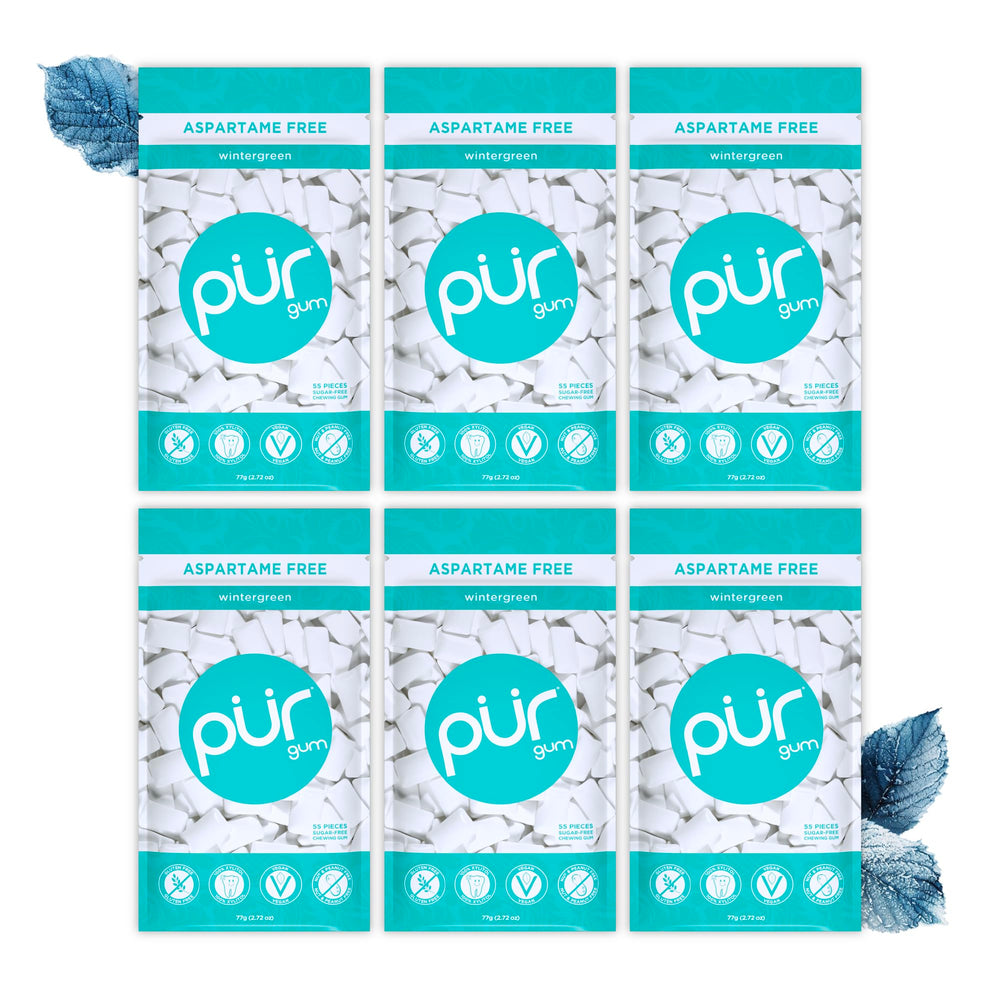PUR Gum front packaging showing wintergreen bags and fresh mint benefit