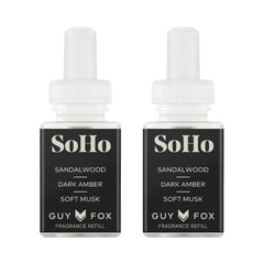 Pura x GUY FOX SoHo pack frontal mostrando dos recargas y diseño limpio
