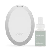 Pura mini front view showing compact diffuser and White Tea scent benefit