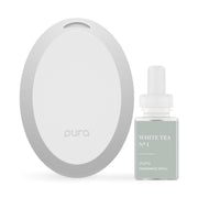 Pura mini front view showing compact diffuser and White Tea scent benefit