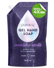 Puracy front pouch showing lavender vanilla refill and volume benefit