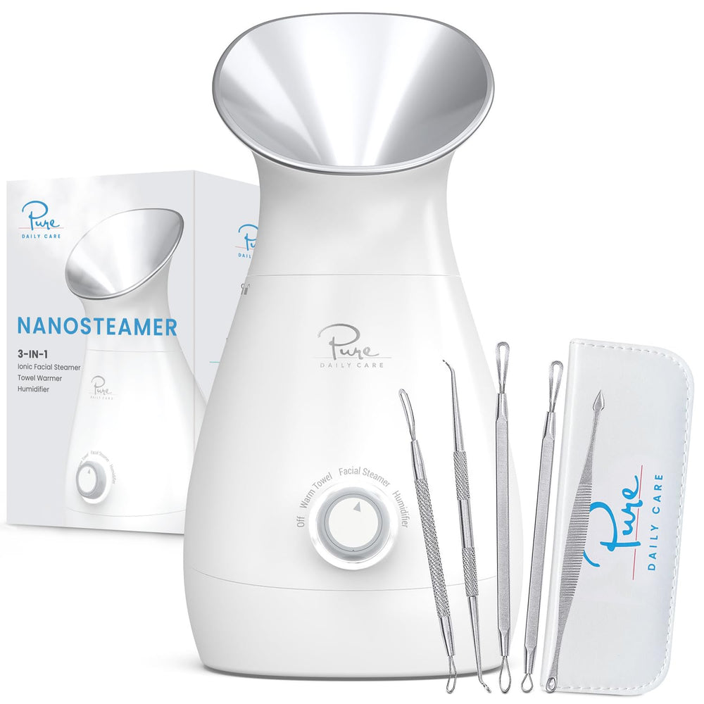 Pure Daily Care nanosteamer vista frontal y diseño elegante, facilita rutinas faciales