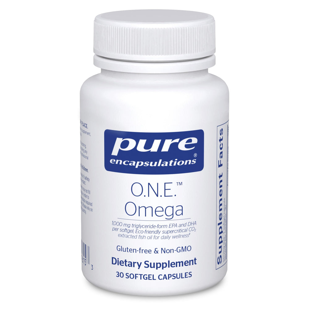 Pure Encapsulations O.N.E. Omega vista frontal del envase destacando pureza y dosis diaria