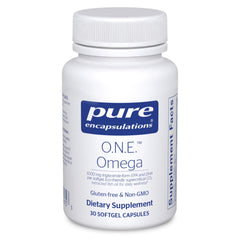 Pure Encapsulations O.N.E. Omega vista frontal del envase destacando pureza y dosis diaria