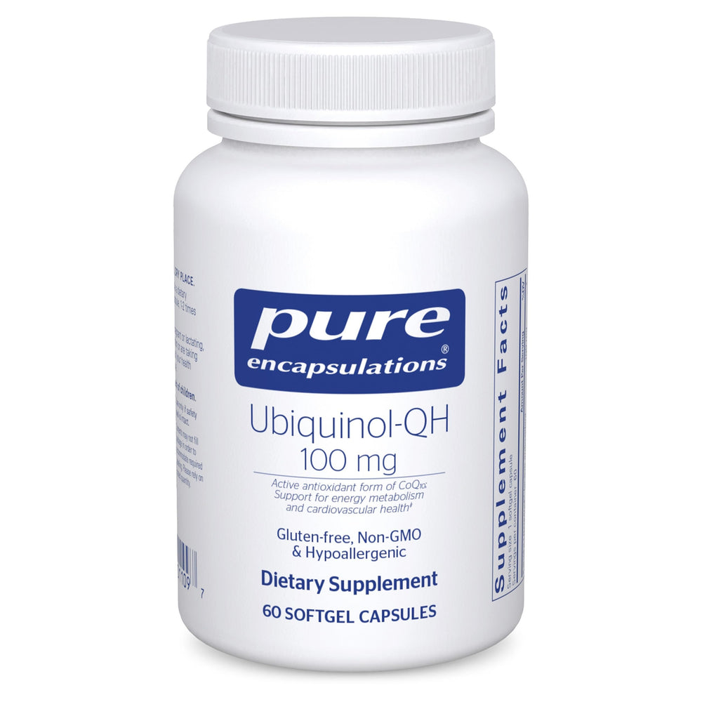 Pure Encapsulations envase frontal mostrando Ubiquinol-QH y ventaja de 100 mg por cápsula