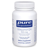 Pure Encapsulations envase frontal mostrando Ubiquinol-QH y ventaja de 100 mg por cápsula