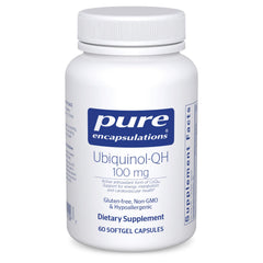 Pure Encapsulations envase frontal mostrando Ubiquinol-QH y ventaja de 100 mg por cápsula