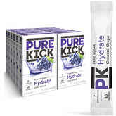 PURE KICK empaque frontal Concord Grape mostrando cantidad de 72 sobres y beneficio de hidratación