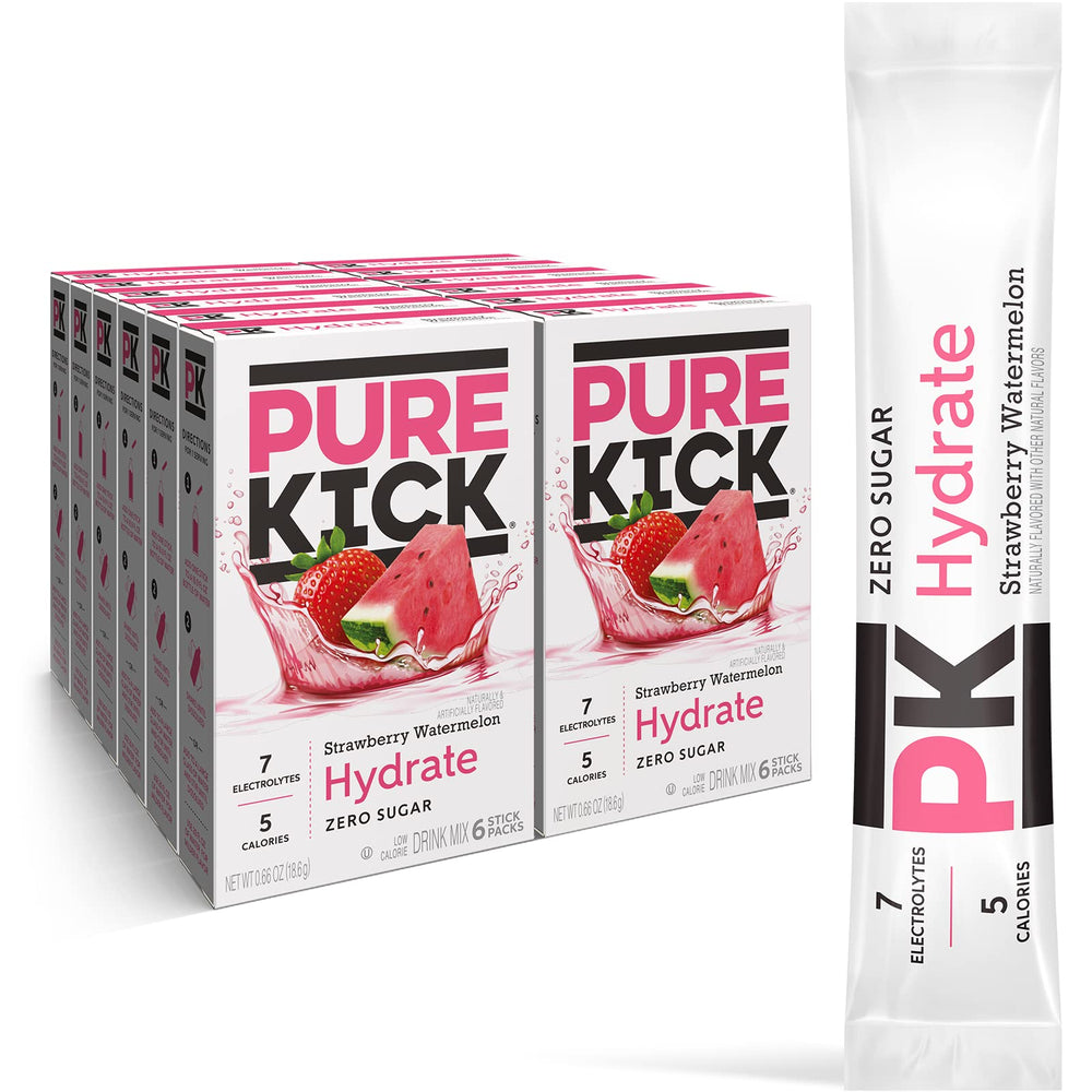 PURE KICK frente del empaque de 72 sobres muestra la marca y sabor fresa sandía