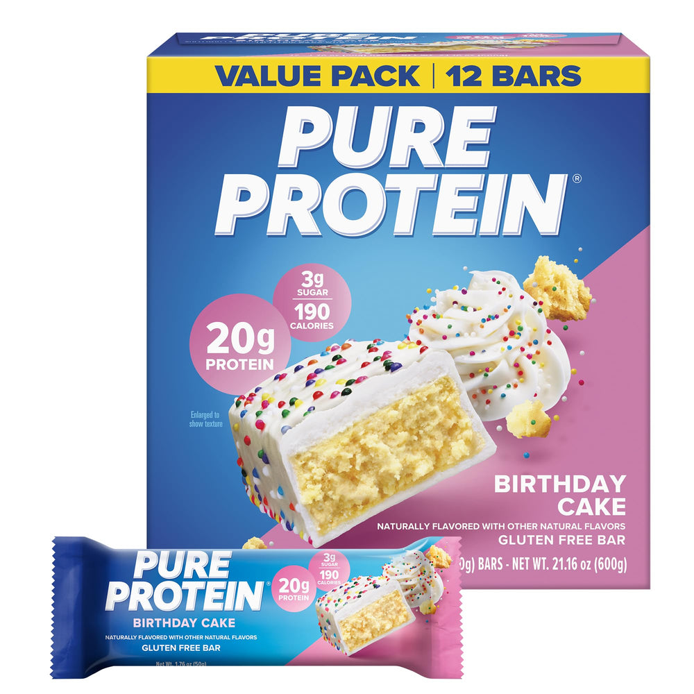 Pure Protein front packaging showing Birthday Cake bars and benefits