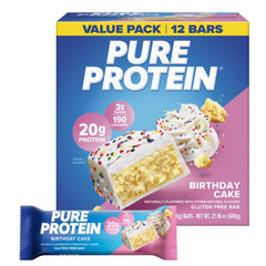 Pure Protein front packaging showing Birthday Cake bars and benefits
