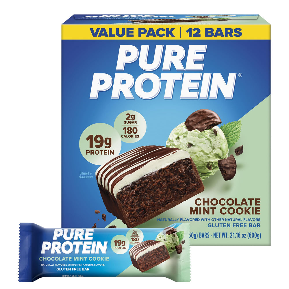 Pure Protein caja frontal mostrando 12 barras, conveniente y nutritiva