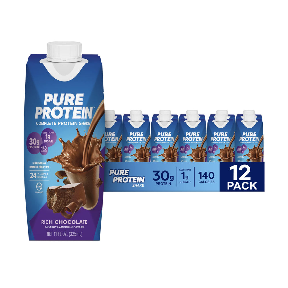 Pure Protein vista frontal del envase chocolate mostrando información nutricional y beneficio práctico