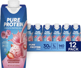 Pure Protein front packaging showing 11 oz bottle and nutrition highlights