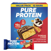 Pure Protein frontal del empaque mostrando 12 barras y beneficios proteicos