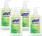 Purell Naturals frente del paquete mostrando cuatro botellas y uso doméstico
