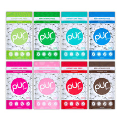 PUR Gum vista frontal del pack variado con 8 bolsas, conveniencia portátil