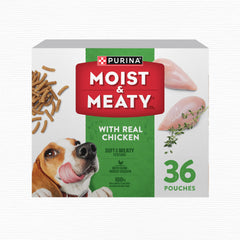 Purina Moist & Meaty frente del empaque mostrando caja y beneficios prácticos