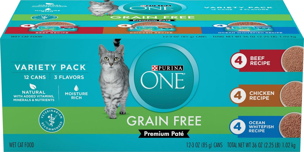 Purina ONE 24-pack front packaging showing variety and convenience