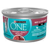 Purina ONE front can showing beef and liver recipe and urinary support benefit