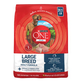 Purina ONE front of bag shows large-breed formula and benefits