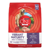 Purina ONE front of bag showing senior 7+ formula and benefits