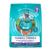 Purina ONE front of bag showing hairball control benefits and real chicken