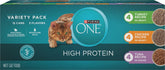 Purina ONE front packaging showing 24-count variety pack and convenient cans