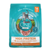 Purina ONE front bag showing healthy weight packaging and clear benefits