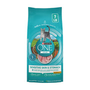 Purina ONE paquete frontal 7 lb mostrando fórmula para estómagos sensibles y beneficio nutricional