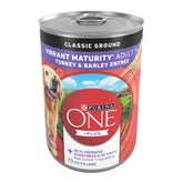 Purina ONE senior front packaging showing turkey & barley benefits