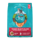 Purina ONE front bag showing 16 lb tender selects benefit visible nutrition