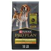 Purina Pro Plan bolsa frontal de 18 lb mostrando el producto y control de peso