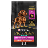 Purina Pro Plan bolsa frontal salmón 4 lb mostrando fórmula para piel y estómago sensible