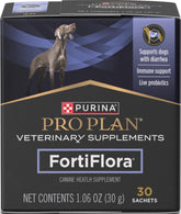 Purina Pro Plan FortiFlora front box showing 30 sachets and benefits