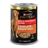 Purina Pro Plan front can showing beef and vegetables, clear ingredient benefit