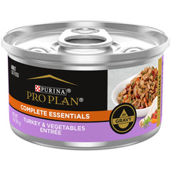 Purina Pro Plan lata frontal mostrando marca y variedad pavo y vegetales, fácil reconocimiento