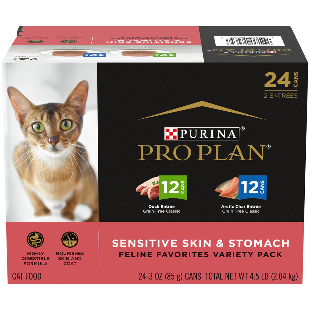 Purina Pro Plan lata frontal mostrando la etiqueta y beneficio nutricional