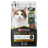 Purina Pro Plan LiveClear front packaging showing benefits and chicken-first formula