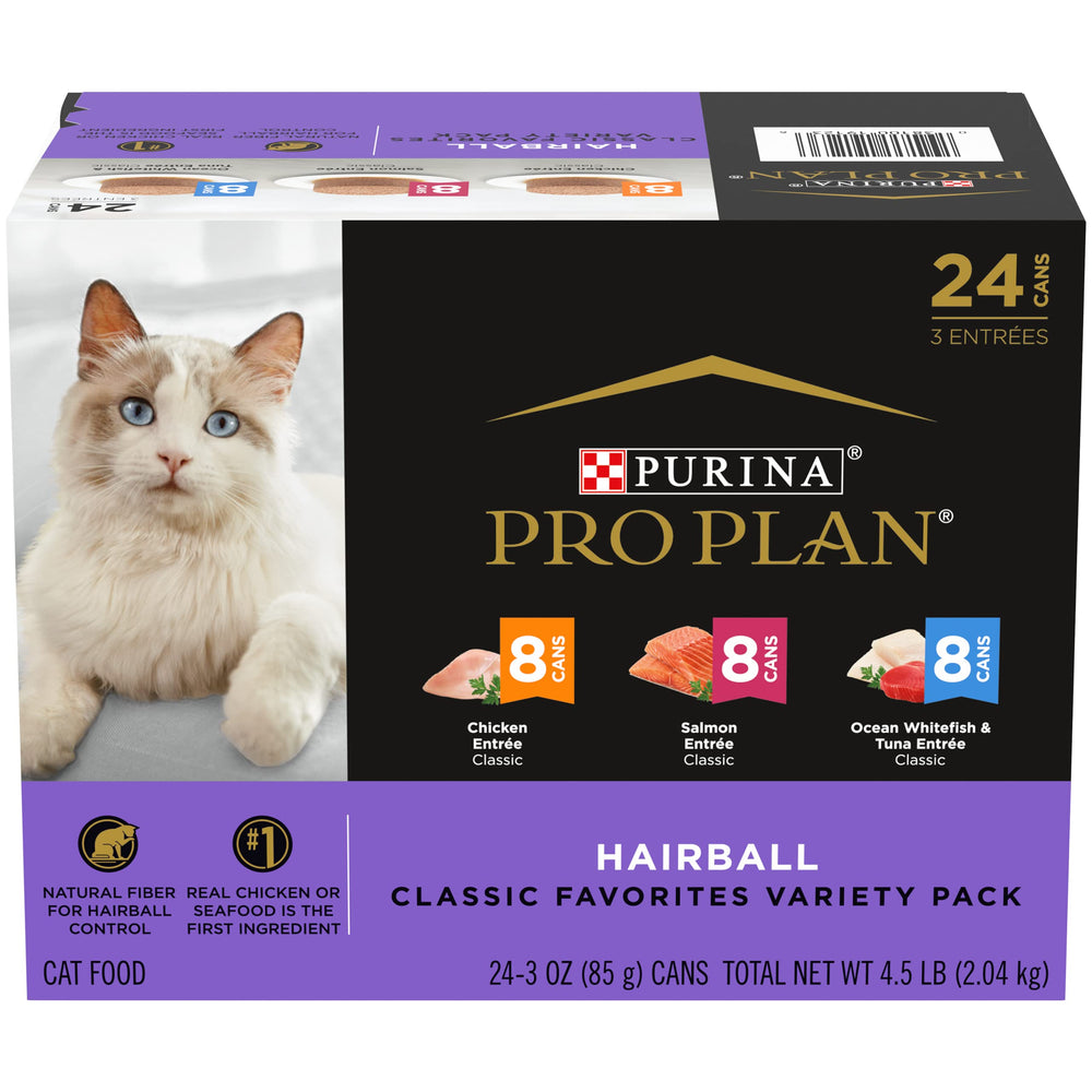 Purina Pro Plan pack frontal con variedad de latas, ofrece control de bolas de pelo