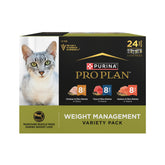 Purina Pro Plan pack frontal mostrando latas variadas y beneficio conveniencia